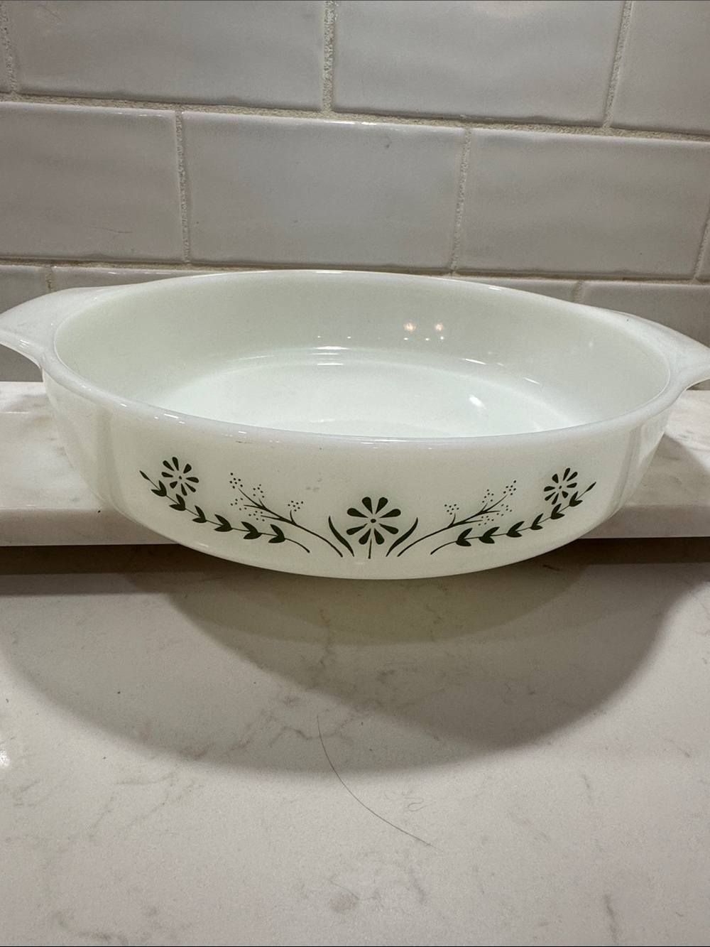 Vintage Glasbake Milk Glass Green Daisy round casserole